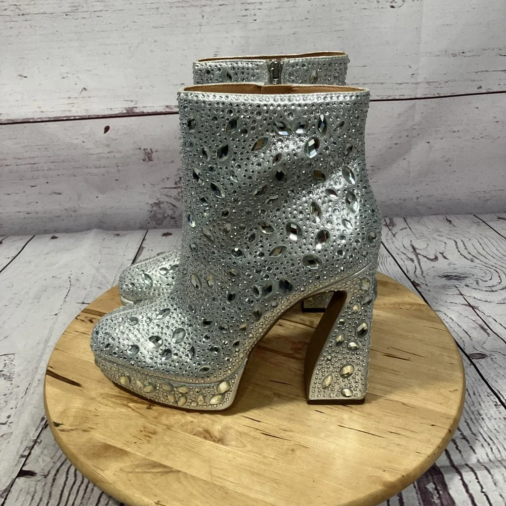 Jessica‎ Simpson Rhinestone Platform Ankle Boots Silver Crystal Womens 9 NWOB